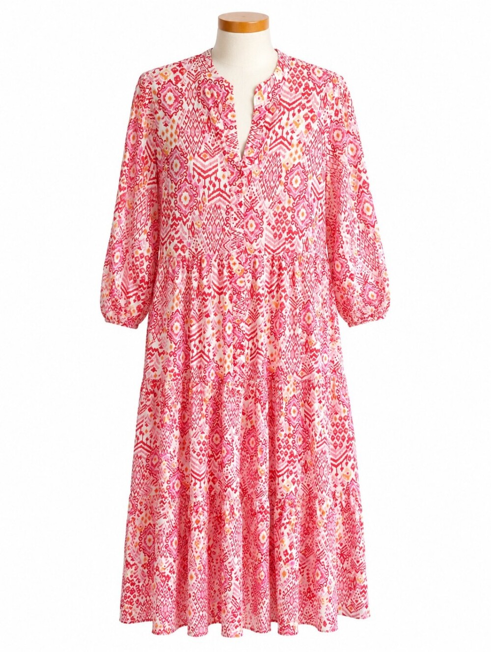 Zara NWT Pink Geometric Print Button Front Tiered Cotton Maxi Dress Sz S Boho
